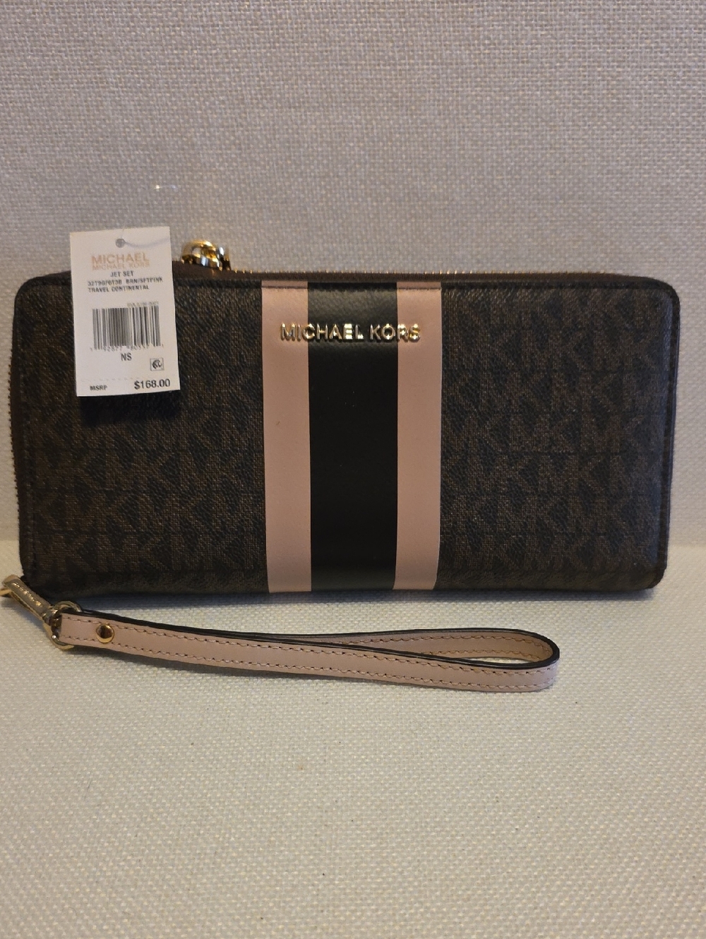 NWT Michael Kors Jet Set Brown/ Pink Continental Zip Around Wallet W/ Wrist Stra